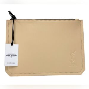 Yves Saint Laurent Beige Leather Flat Pouch with Embossed Logo 🔥